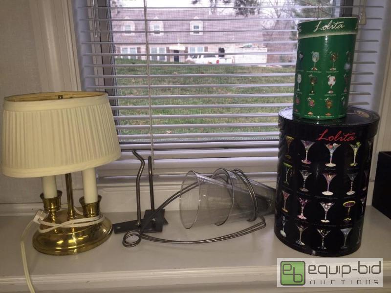 lot 65 image: Brass Table Lamp, Hanging Vases with Brackets, and Limited Edition Wine Glasses