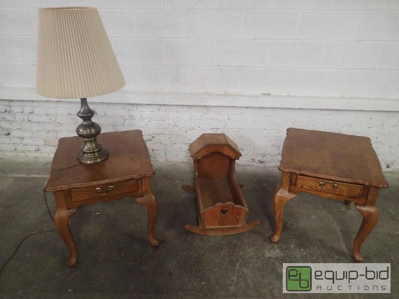 lot 6070 image: Lot of Two End Tables Wooden Crib and lamp