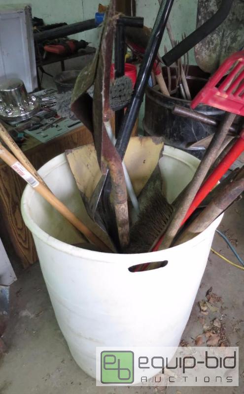 lot 171 image: 55 Gallon Drum of Hand Tools Brooms, Shovels etc.