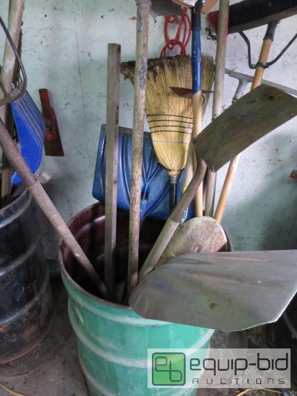 lot 173 image: 55 Gallon Drum of Hand Tools Brooms, Shovels etc.