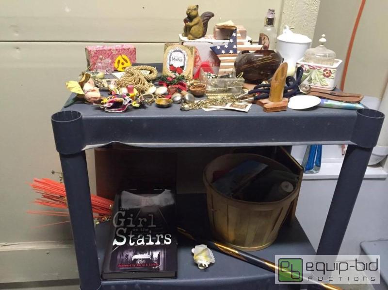 lot 102 image: 2 Shelves FULL Large Estate Lot - Costume Jewelry, Brand New JFK Book, Redwood Plaque, Vintage Goods