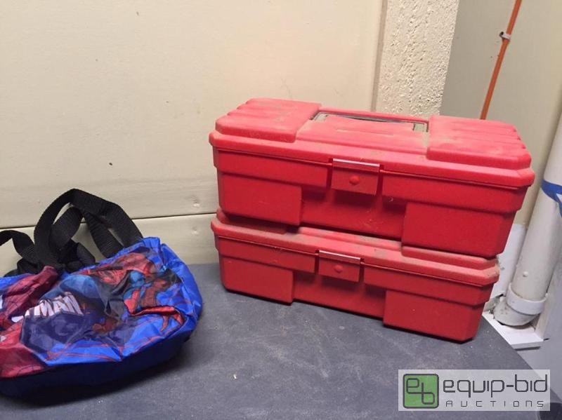 lot 180 image: Group - Two Childs Red Plastic Toolboxes, Two  Brand New Marvel Spiderman Bags