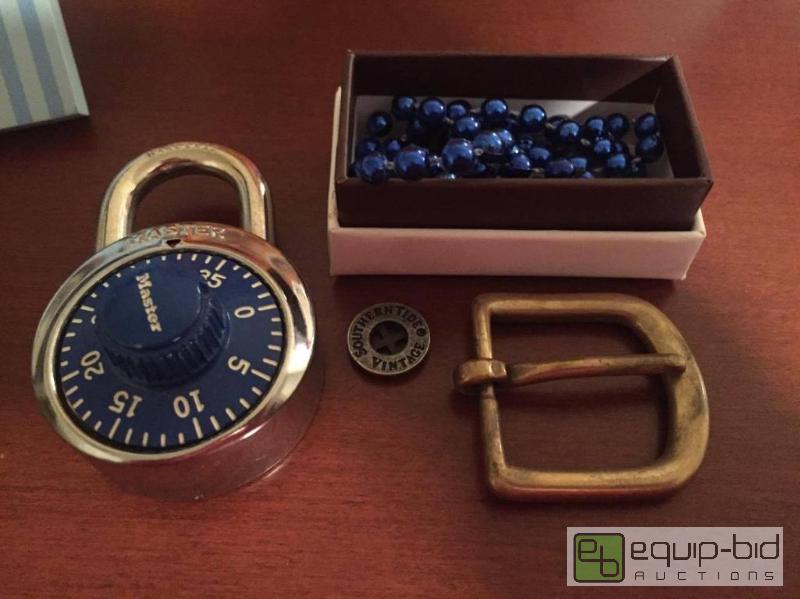 lot 210 image: Random Misc. Lot - Master Lock, Solid Brass Belt Buckle, Blue Beaded Necklace in Box