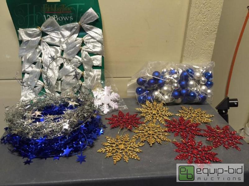 lot 224 image: Christmas Decor Lot - Gilded Snowflakes, Glass Ornaments, Bows and Garland.