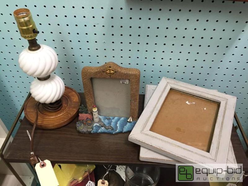 lot 73 image: Vintage Milk Glass Table Lamp, Thomas Kinkade Frame plus Pair of Shabby Chic Frames