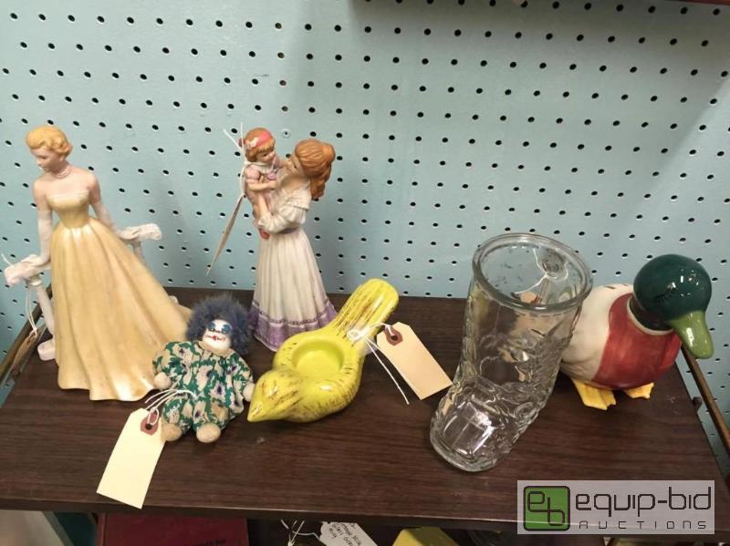lot 75 image: Princes Figurine, Clown Doll, Duck Knife Holder, Bird Candle Holder, and Boot Mug