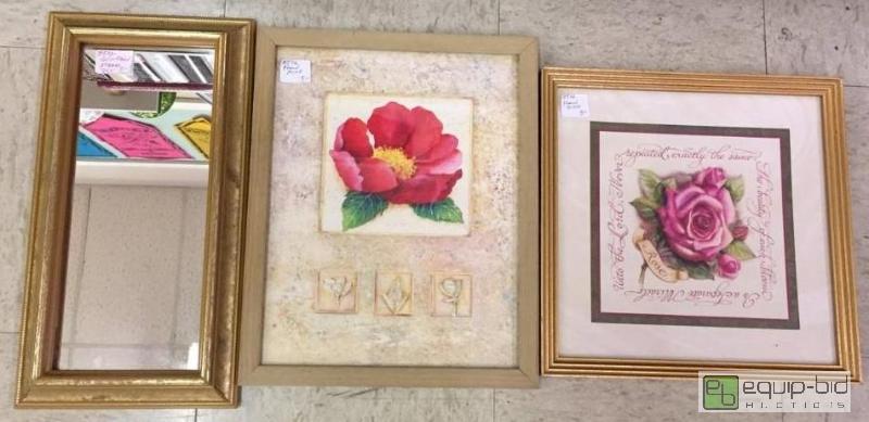lot 94 image: Framed Mirror and Two Framed flower prints