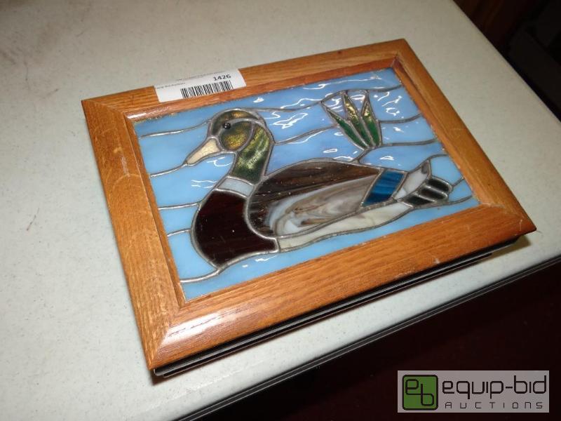 lot 1426 image: Stained glass duck box.  11&quot long x 8&qu...