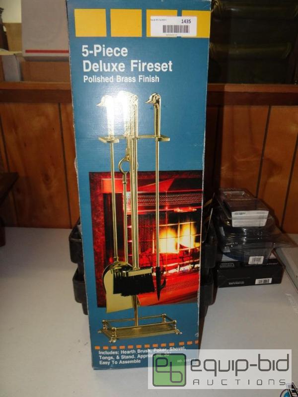 lot 1435 image: New in box 5 piece deluxe fireset with brass ...