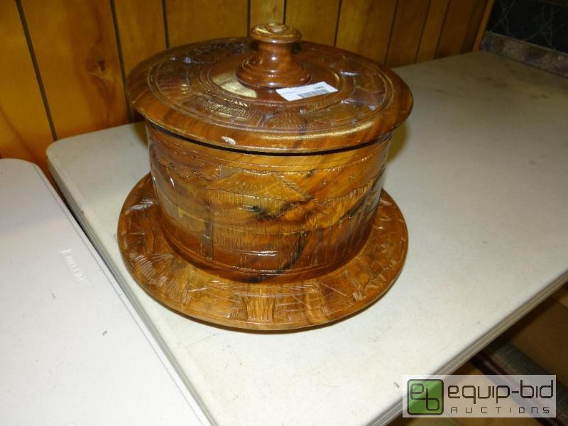 lot 1486 image: Large carved wood cake server on lazy suzan w...
