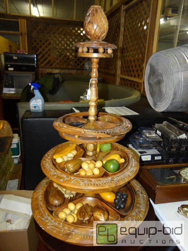 lot 1495 image: Large carved wood 3 tier spinning server with...