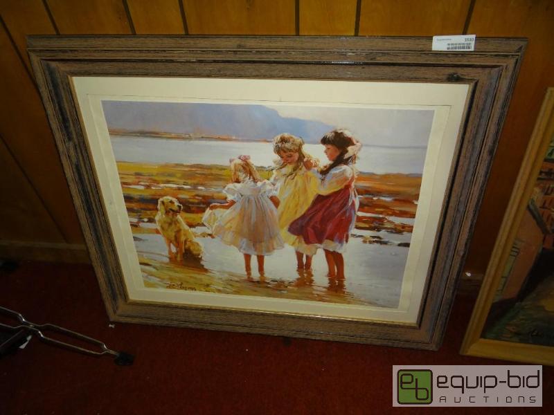 lot 1510 image: Framed print of girls with dog. No glass,.  3...