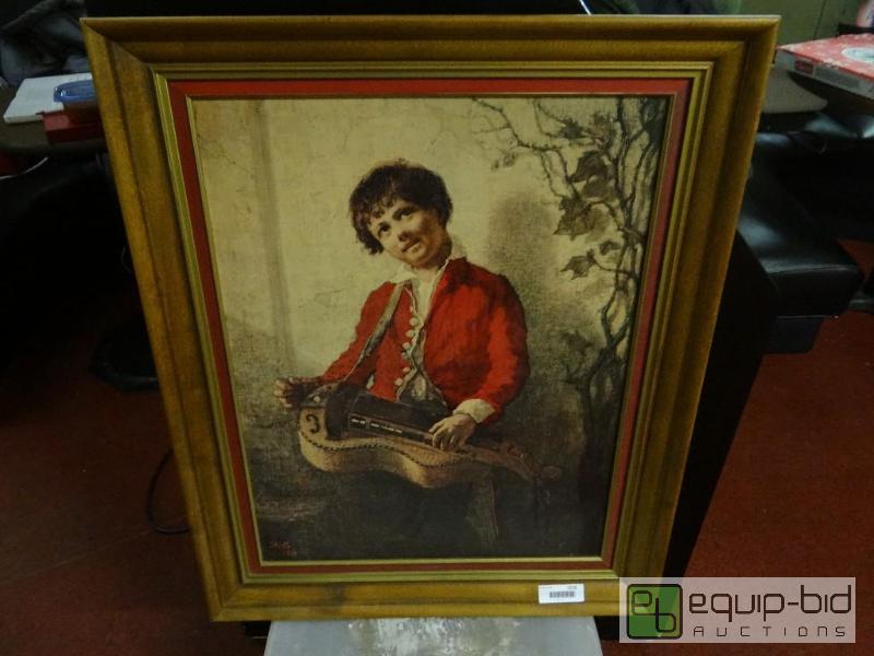 lot 1518 image: Framed boy playing instrument.  Marked Hunt. ...