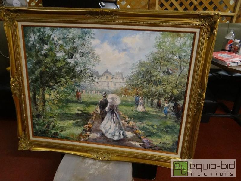 lot 1526 image: LARGE framed oil on canvas.  Great carved woo...