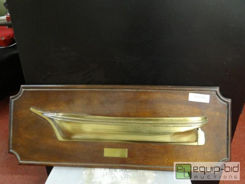 lot 1527 image: Brass boat on board wall art.  Brass plate sa...
