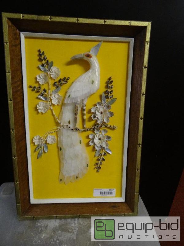 lot 1547 image: Framed art.  Bird made entirely out of sea sh...
