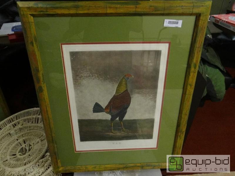 lot 1557 image: Large framed print of fighting chicken. &quot...