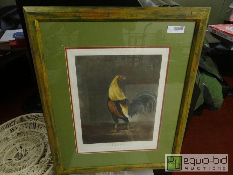 lot 1558 image: Large framed print of fighting chicken. &quot...