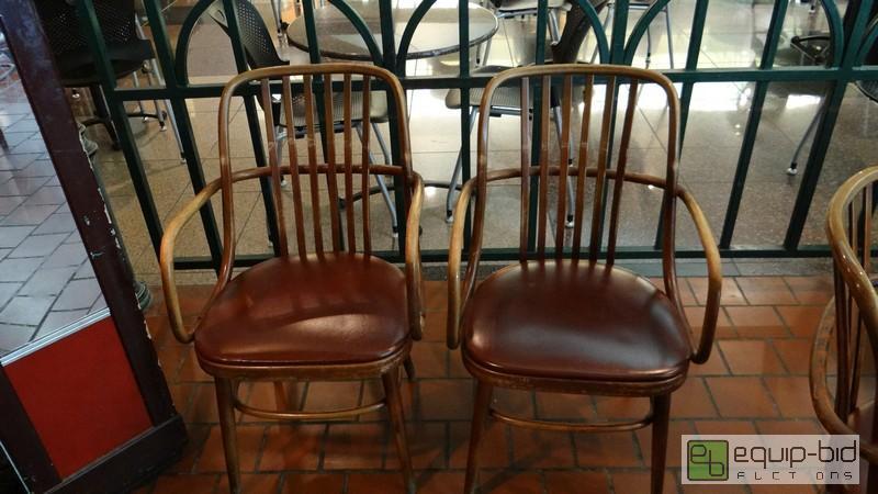 lot 855 image: (2) Teak Dark Red Vinyl Padded Slat Backing  Chairs