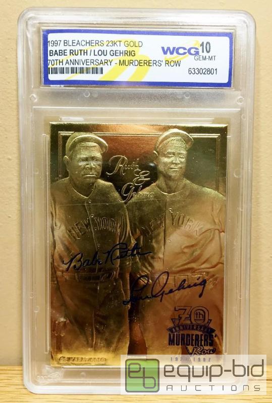 lot 1007 image: BABE RUTH & LOU GEHRIG GEM MINT 10 - GRADED VALUE $150 - Murderers Row 23KT Gold Card Sculpted CARD