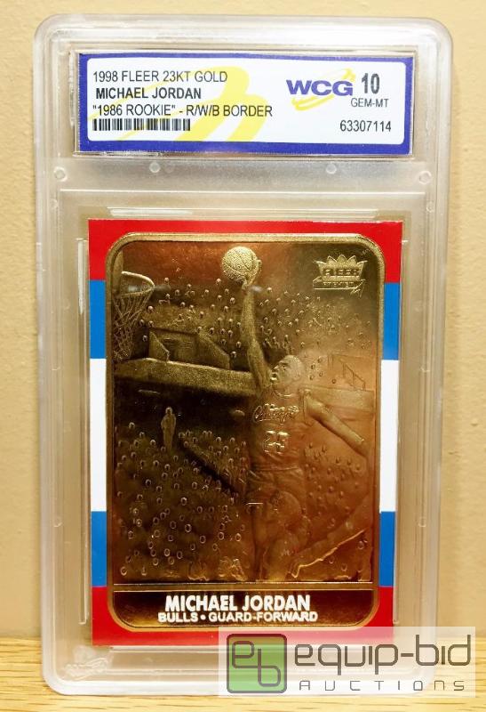 lot 1012 image: MICHAEL JORDAN 1986 Fleer ROOKIE 23KT GRADED VALUE $150 - GEM MINT 10 -Gold Card RWB Border