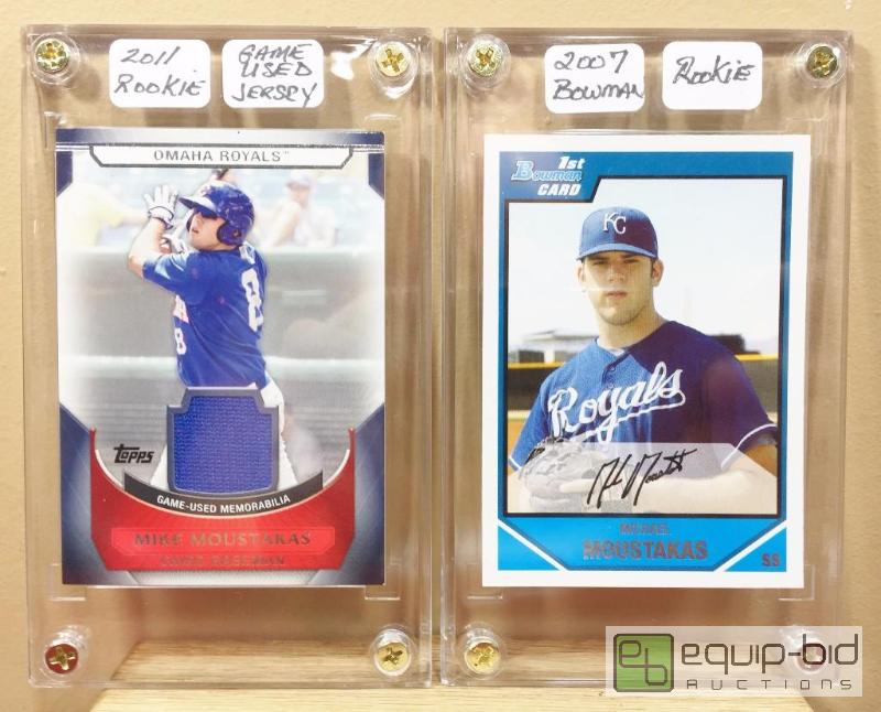 lot 1023 image: 2011 TOPPS PRO DEBUT MIKE MOUSTAKAS GAME USED JERSEY ROOKIE JERSEY CARD  2007 BOWMAN ROOKIE