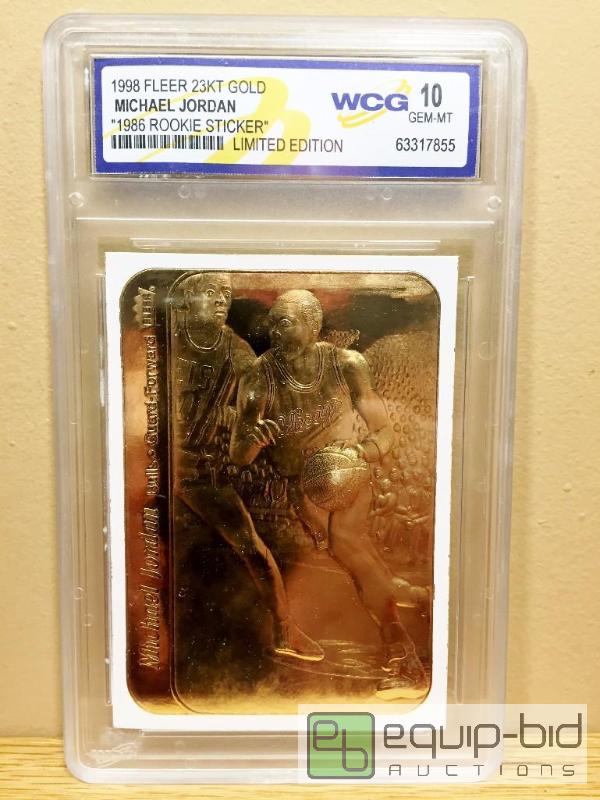 lot 1035 image: MICHAEL JORDAN 1986 Fleer ROOKIE STICKER 23KT GOLD CARD - GRADED VALUE $125 - White Border