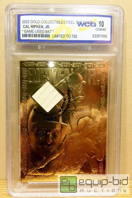 lot 1053 image: CAL RIPKEN JR 2002 Game Used Bat 23KT Gold Card Limited #755 Graded GEM MINT 10 - GRADED VALUE $150
