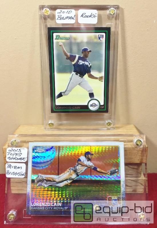 lot 1054 image: (2) AWESOME LORENZO CAIN - RARE 2010 BOWMAN ROOKIE  ULTRA RARE 2015 TOPPS FINEST PRISM REFRACTOR