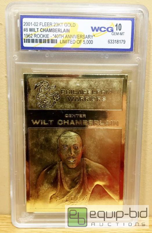 lot 1063 image: WILT CHAMBERLAIN 1961-62 Fleer ROOKIE 23KT Gold Card Sculpted Graded GEM MINT 10 - GRADED VALUE $150