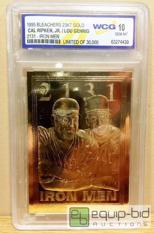 lot 1072 image: Cal RIPKEN & Lou GEHRIG 1995 Iron Men 23KT Gold Card Sculpted Graded GEM MINT 10 - GRADED VALUE $125