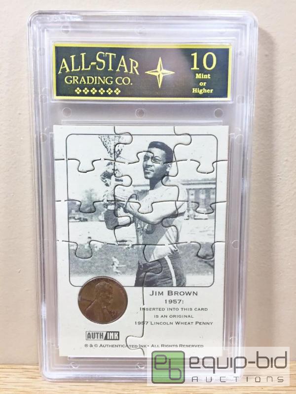 lot 1076 image: JIM BROWN 1957 PENNY COIN PUZZLE TEST CARD - $150 GRADED GEM MINT 10 Less then 25 EVER printed