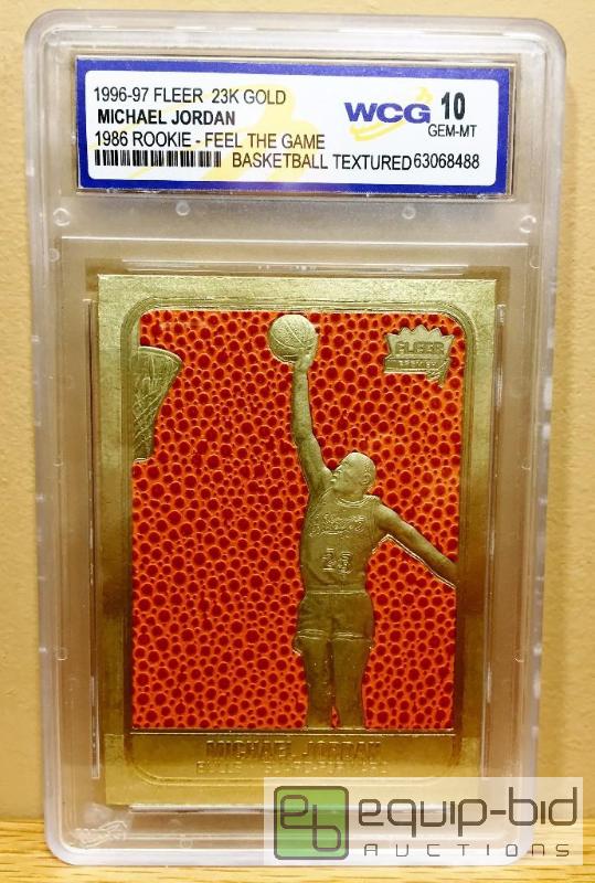 lot 1101 image: MICHAEL JORDAN 1986 Fleer ROOKIE Feel The Game 23KT Gold Card GRADED GEM MINT 10 - GRADED VALUE $150