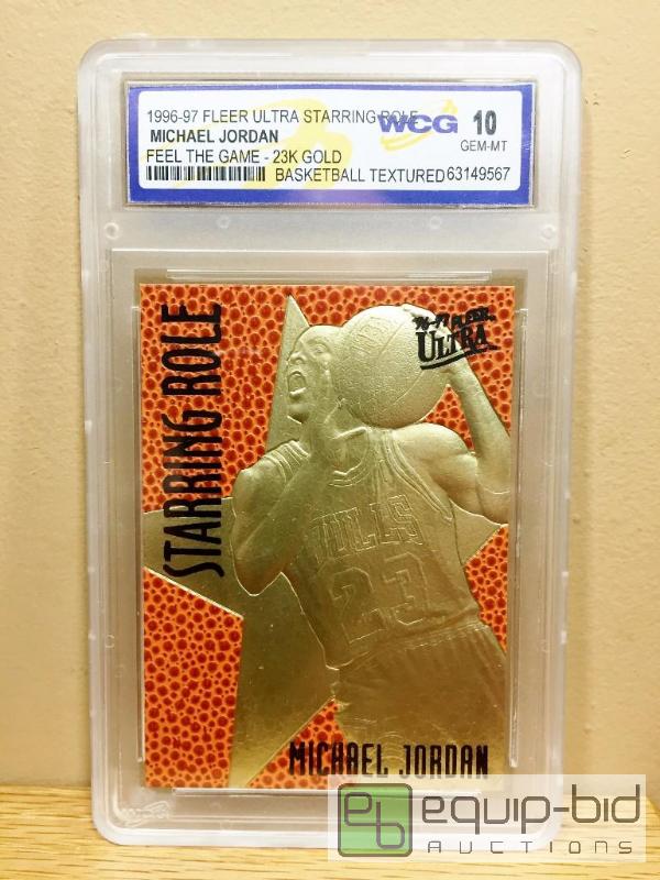 lot 1102 image: MICHAEL JORDAN 1996-97 Fleer Starring Role FEEL GAME 23KT Gold Card GEM MINT 10 - GRADED VALUE $150