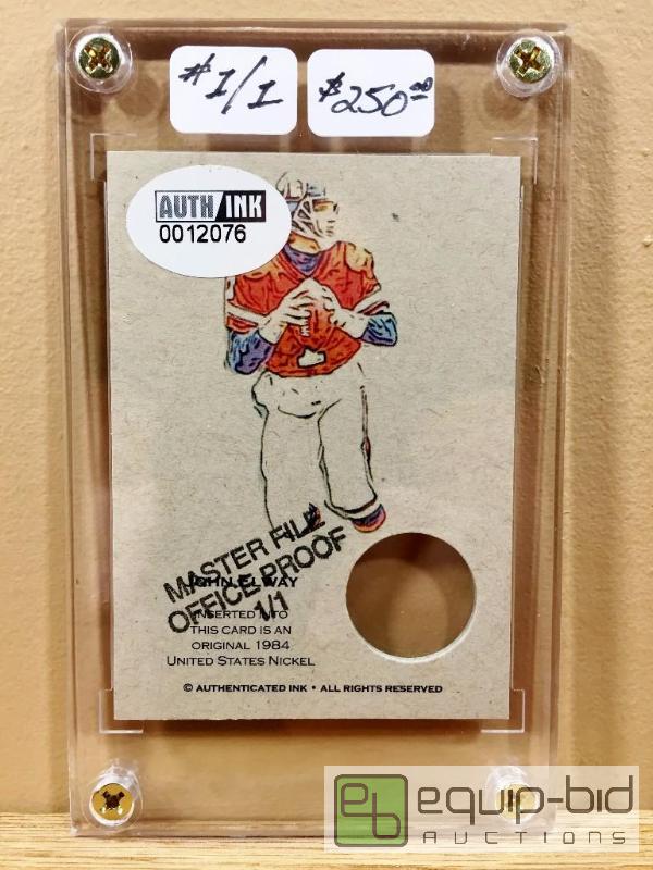 lot 1112 image: JOHN ELWAY ARTIST PROOF 11 - $250 - MASTER FILE PROOF CARD 1984 NICKEL - ONLY ONE IN EXISTENCE