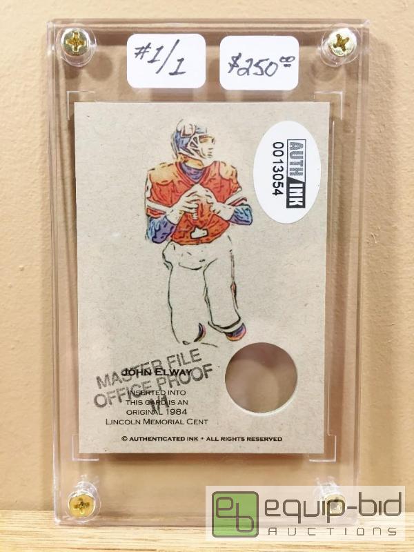 lot 1113 image: JOHN ELWAY ARTIST PROOF 11 - $250 - MASTER FILE PROOF CARD 1989 NICKEL - ONLY ONE IN EXISTENCE
