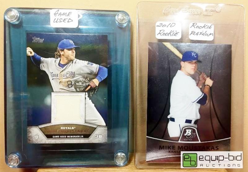 lot 1118 image: (2) AMAZING MIKE MOUSTAKAS CARDS - GAME USED JERSEY & RARE ROOKIE - KANSAS CITY ROYALS HERO