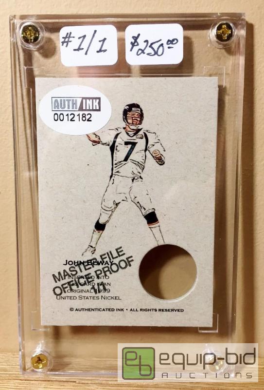 lot 1119 image: JOHN ELWAY ARTIST PROOF 11 - $250 - MASTER FILE PROOF CARD 1999 NICKEL - ONLY ONE IN EXISTENCE