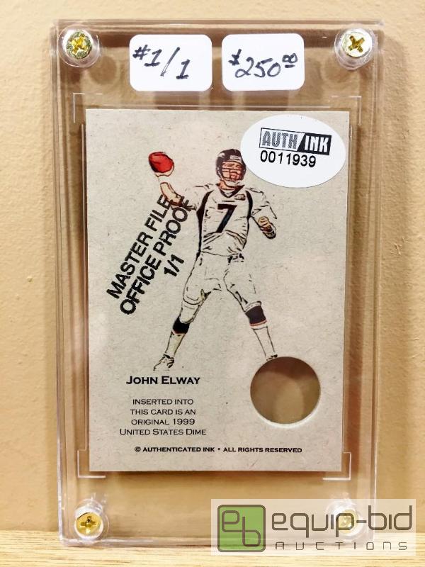 lot 1120 image: JOHN ELWAY ARTIST PROOF 11 - $250 - MASTER FILE PROOF CARD 1999 DIME - ONLY ONE IN EXISTENCE