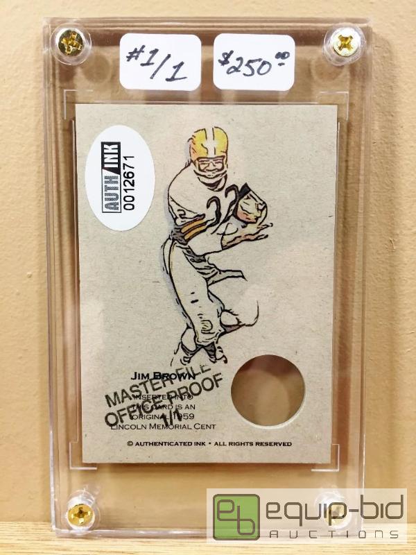 lot 1123 image: JIM BROWN ARTIST PROOF 11 - $250 - MASTER FILE PROOF CARD 1959 1 CENT - ONLY ONE IN EXISTENCE