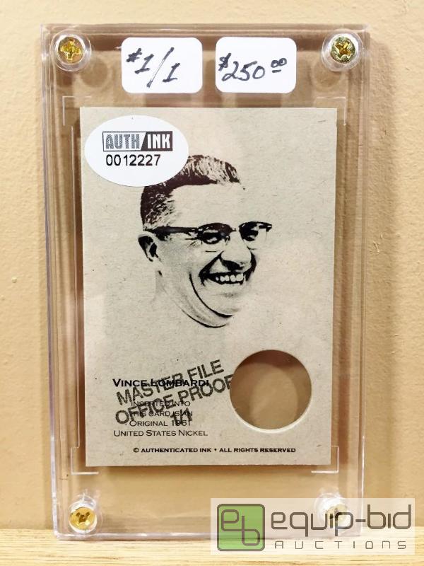 lot 1126 image: VINCE LOMBARDI ARTIST PROOF 11 - $250 - MASTER FILE PROOF CARD 1961 NICKEL - ONLY ONE IN EXISTENCE