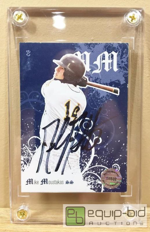 lot 999 image: MIKE MOUSTAKAS AUTOGRAPHED ROOKIE CARD WITH CERTIFICATE OF AUTHENTICITY - 2008 JUST MINORS ROOKIE