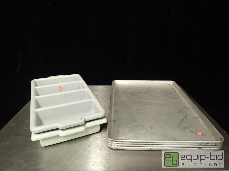 lot 3033 image: (4) Full Size Sheet Pans and (2) Silverware Bus Bins