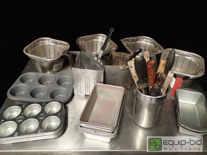 lot 3087 image: Lot of Pans, Knives, Coffee Filter Cans, Strainers and More