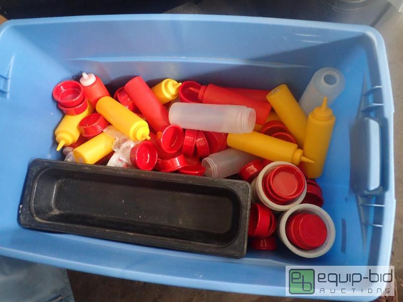 lot 3107 image: Large Tote Containing Plastic Full Size Inserts, Condiment Bottles and Ramekins