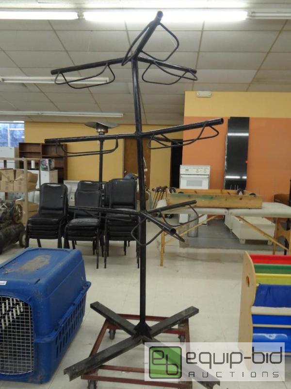 lot 1626 image: Metal saddle tree.  Saddle rack holds 9 saddl...