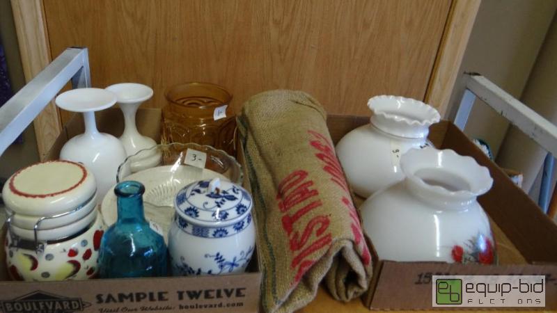 lot 483 image: Metal shelf with contents.  Glassware, kitche...