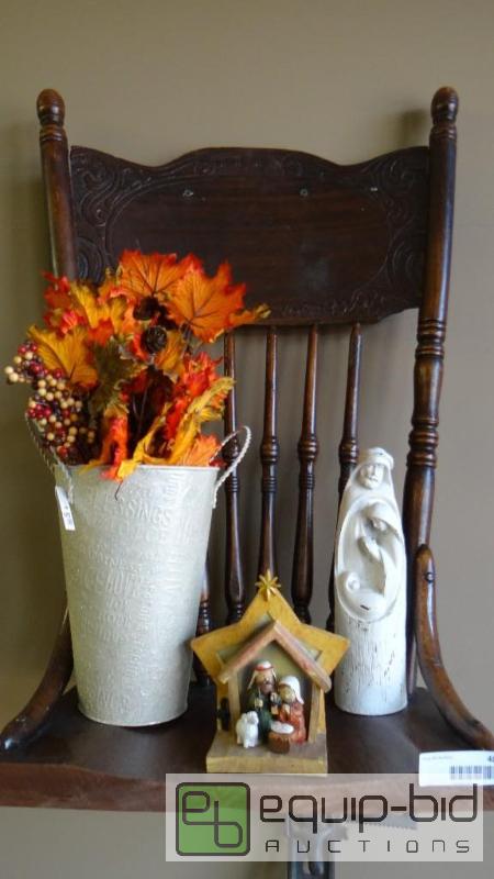 lot 487 image: Old chair wall shelf with contents....