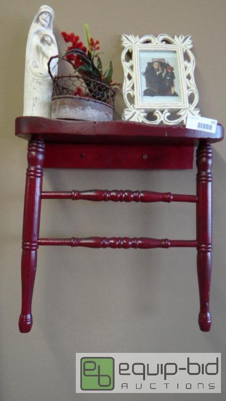 lot 491 image: Old wood chair wall shelf with contents....