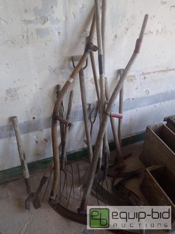 lot 2716 image: Large Lot of Vintage Pitch Fork Pick Axes And More